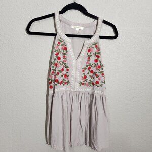 Andree  Unit Tank Top Womens Small Gray Embroidered Floral Boho Peasant Perplum